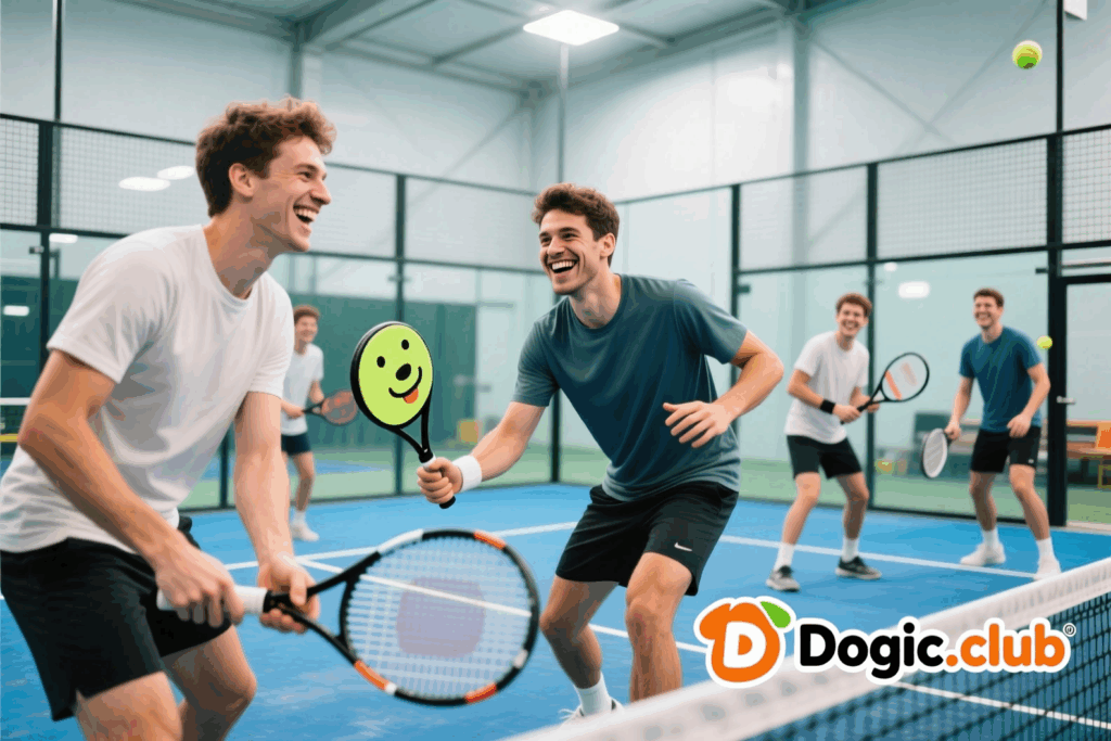 بازیکنان تنیس در لیگ دوستانه Dogic Club با سطح‌بندی مشابه در حال رقابت پرانرژی و دوستانه.