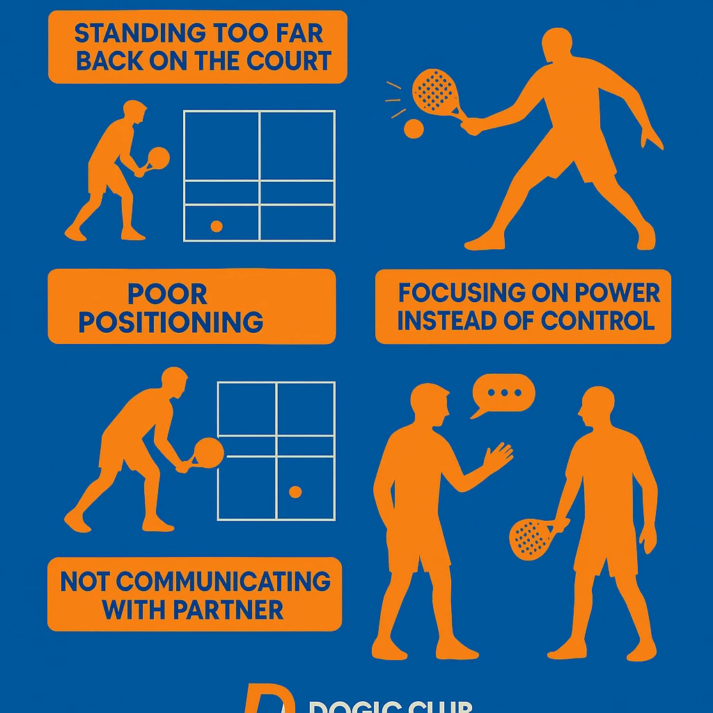 اینفوگرافیک آموزشی پدل با نمایش اشتباهات رایج: عقب‌نشینی بیش‌ازحد از تور، تمرکز بر قدرت نه کنترل، جای‌گیری غلط و ارتباط ضعیف با هم‌تیمی؛ لوگوی Dogic.club در پایین تصویر.