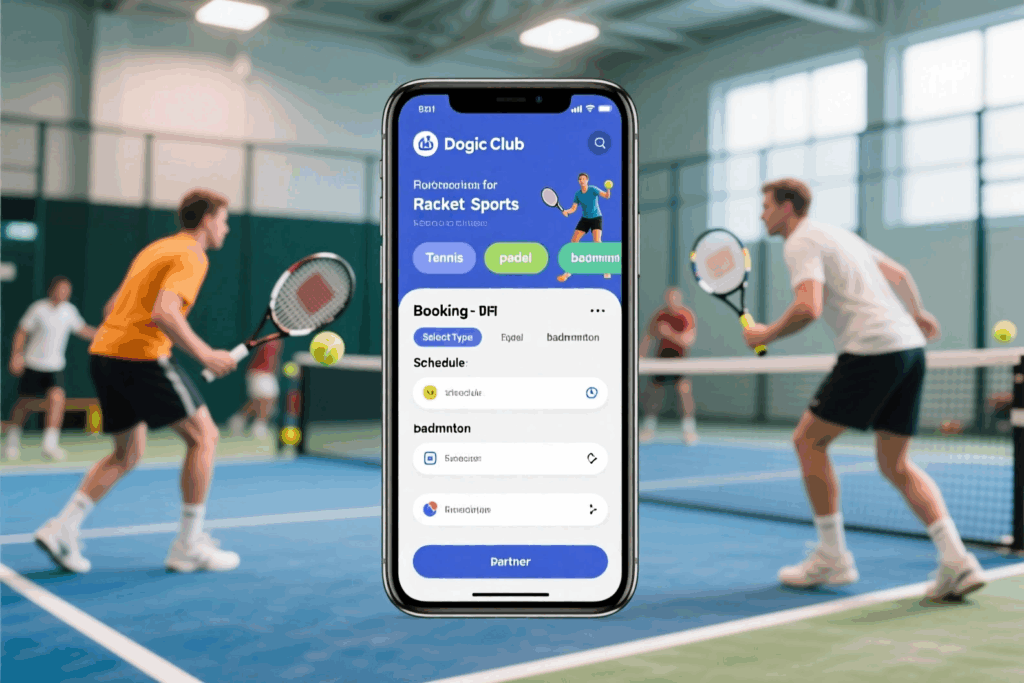 صفحه رزرو سانس در اپلیکیشن ورزش‌های راکتی Dogic Club؛ انتخاب تنیس، پدل یا بدمینتون و پیدا کردن هم‌بازی به‌صورت آنلاین